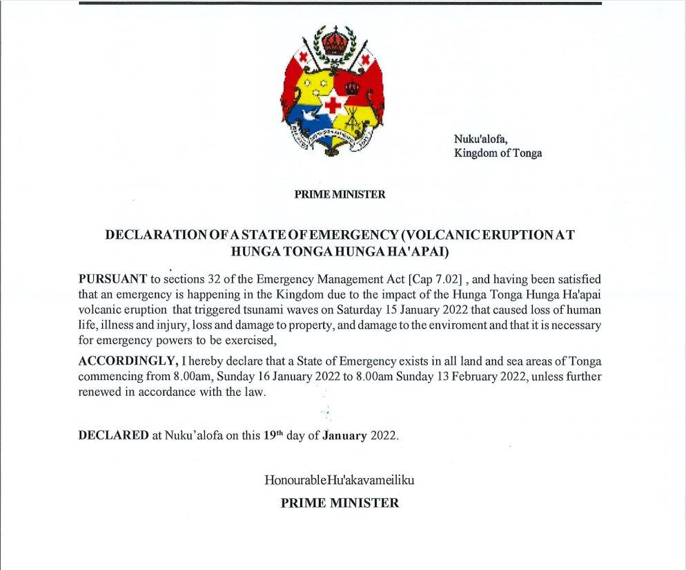汤加首相府正式宣布全国进入紧急状态