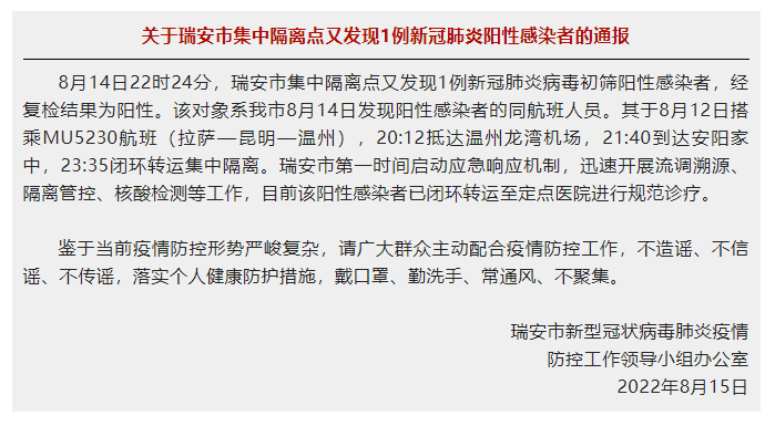 浙江温州瑞安市集中隔离点发现1例新冠肺炎阳性感染者