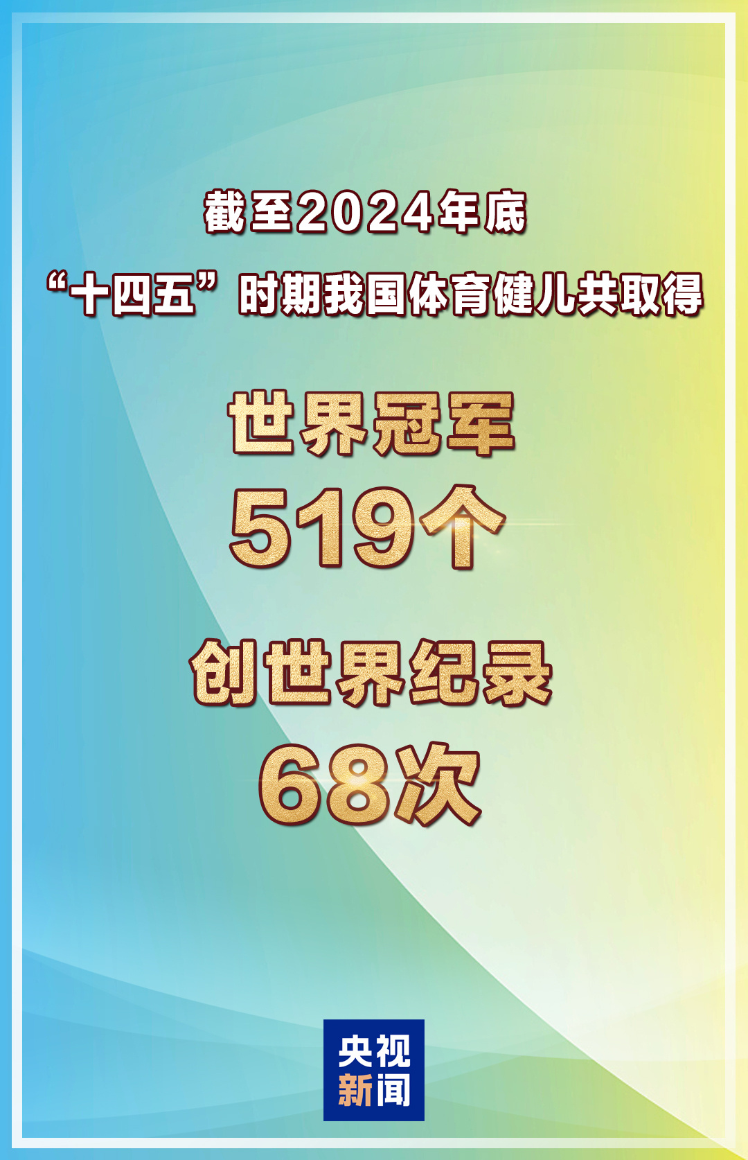 截至2024年底，“十四五”时期我国体育健儿共取得519个世界冠军